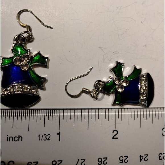 Christmas Bell Earrings Silver Blue Holly Dangle Drop Hook Silver Vintage Enamel - Picture 3 of 4